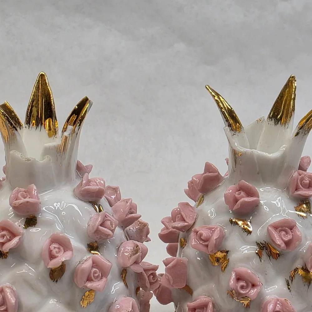 Vtg Salt and Pepper Shakers Pink Rose Gold Pineapple KW3053 Japan FAIR Cond READ